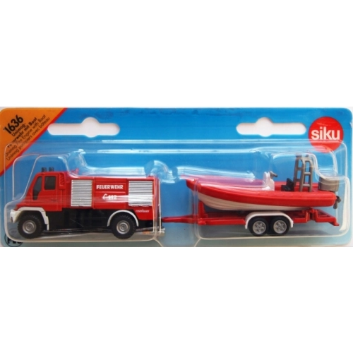 Straż pożarna Unimog z łodzią model metalowy SIKU S1636